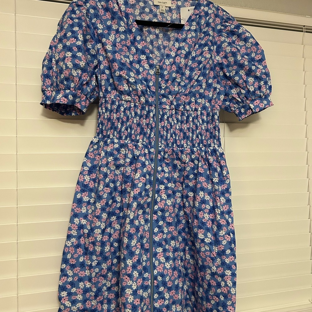Floral Blue Dress with Puff Sleeves